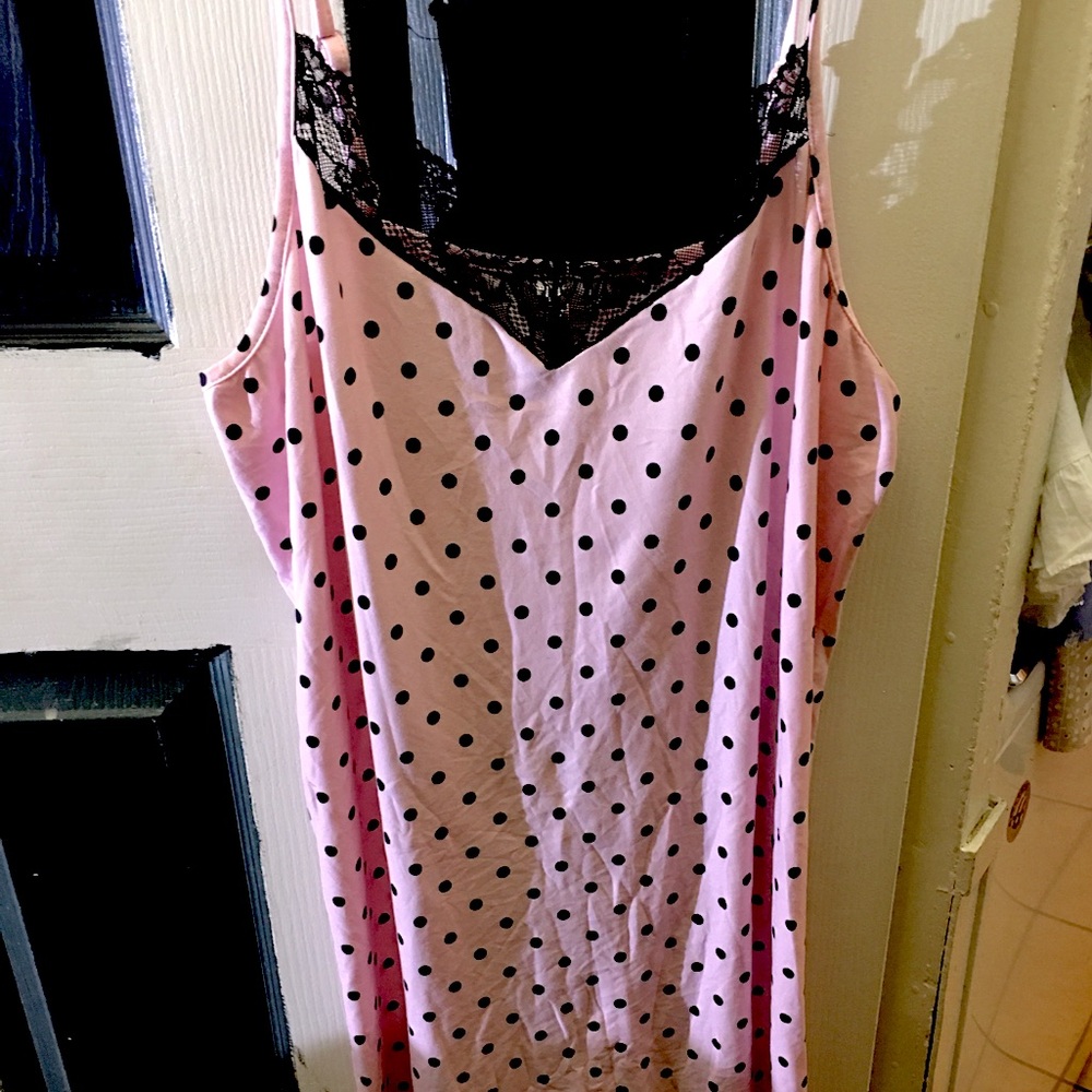 NWOT Pink Polka Dot Nightgown with Lace Trim